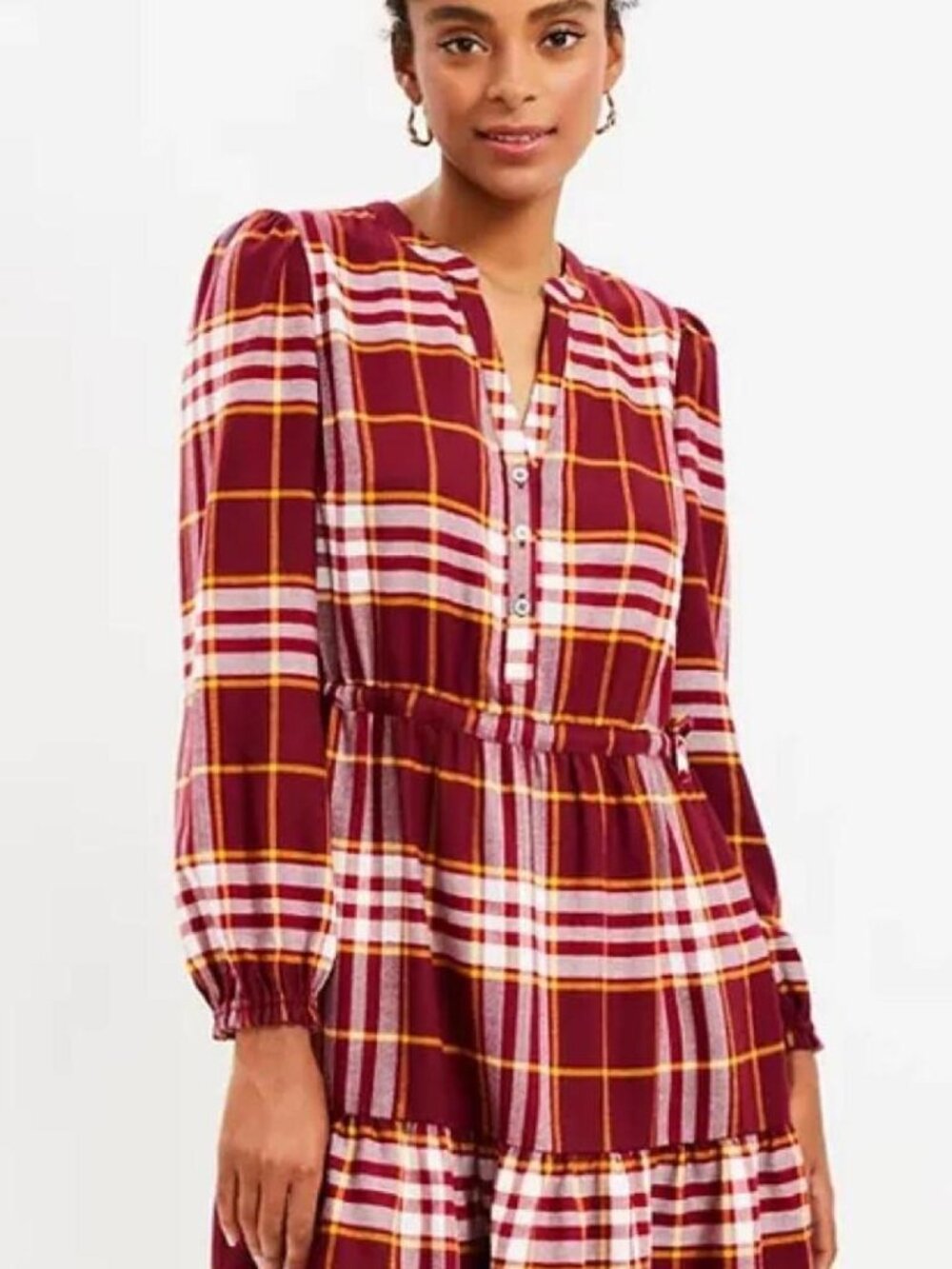 LOFT Red, Yellow, and White Plaid Side Tie Dress - Medium Petite